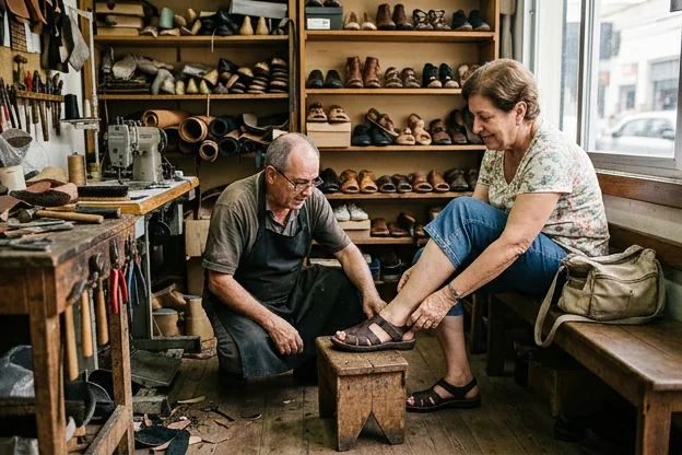Pessoas olhando para calçados em uma loja.