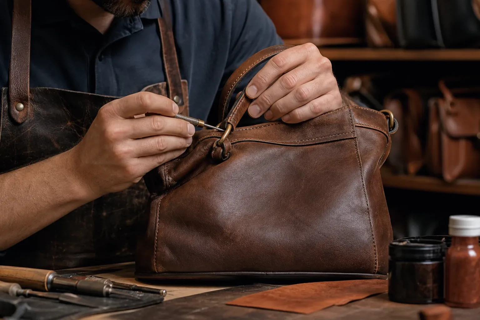Profissional reformando bolsa de couro em uma oficina.