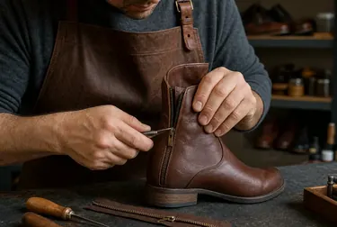 Técnico consertando zíper de uma bota em uma oficina de sapatos.