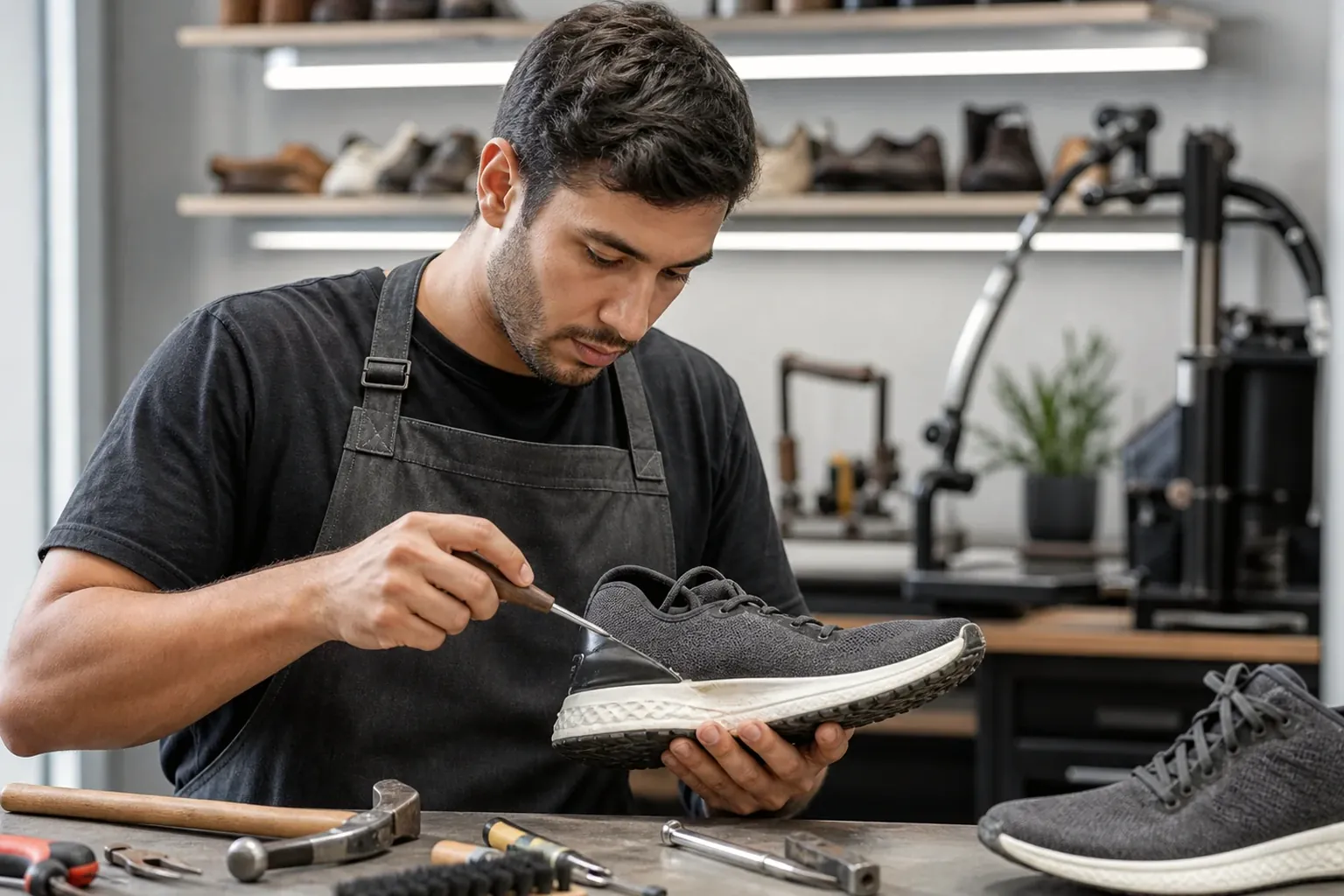 Técnico reparando um tênis em uma oficina de sapatos.